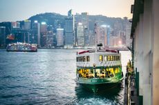 Ferry Terminal at Victoria Harbour in Hong Kong Cityscape