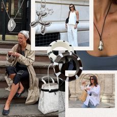 A collage of influencer Makenna wearing capris, a trench coat, and a lace headscarf. A silver pendant necklace from Banana Republic. A silver keychain from Amazon. Influencer Coco Schiffer is wearing an all white outfit and black sunglasses. Black and white bangles from Zara. Influencer Adenorah is wearing a silver pendant necklace. Influencer Debora Brosa wears jean shorts, a white button-up, and a woven straw bag. 