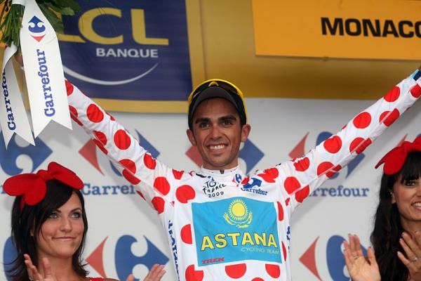 Alberto Contador earned the polka-dot climber's jersey for having the best split time on the C&ocirc;te de Beausoleil.