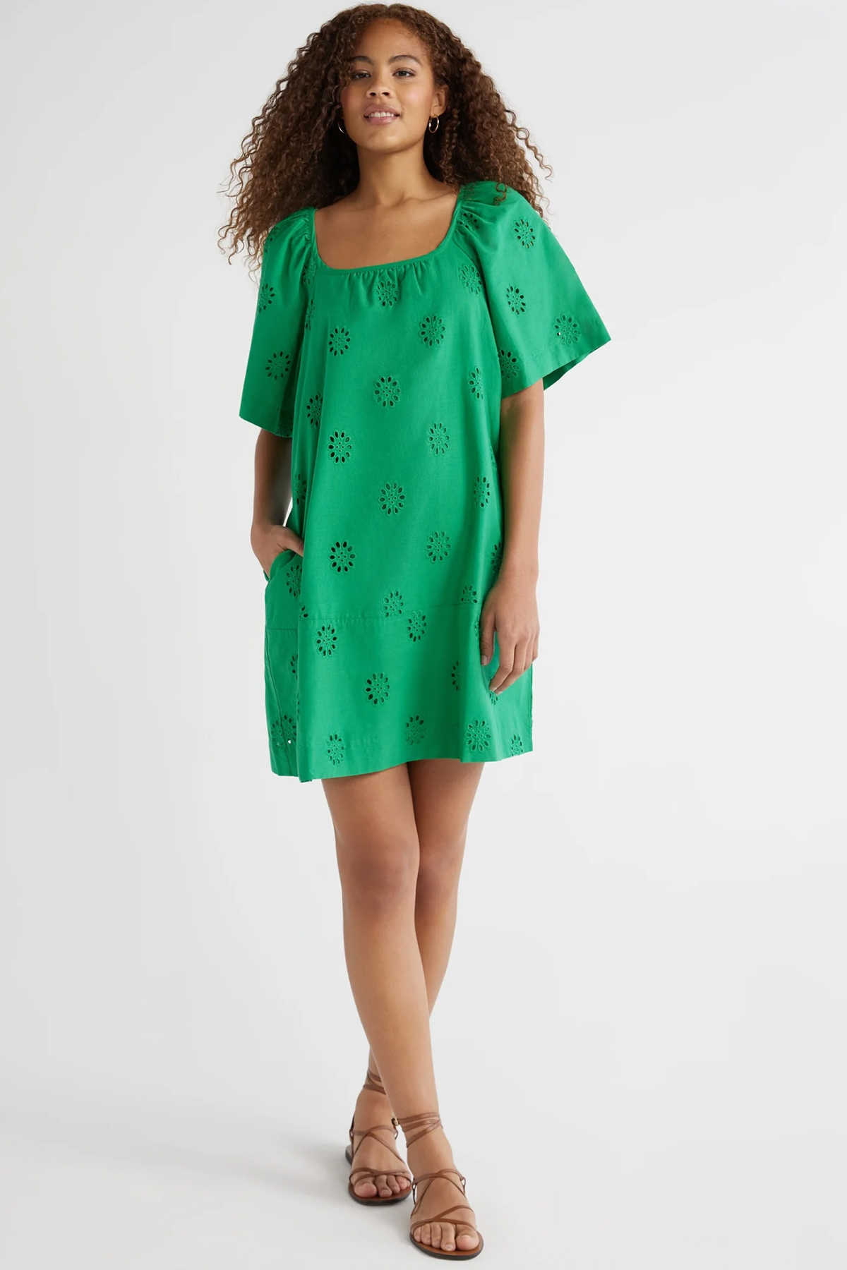 Free Assembly Women's Square Neck Eyelet Mini Dress With Short Sleeves, Sizes Xs-Xxl