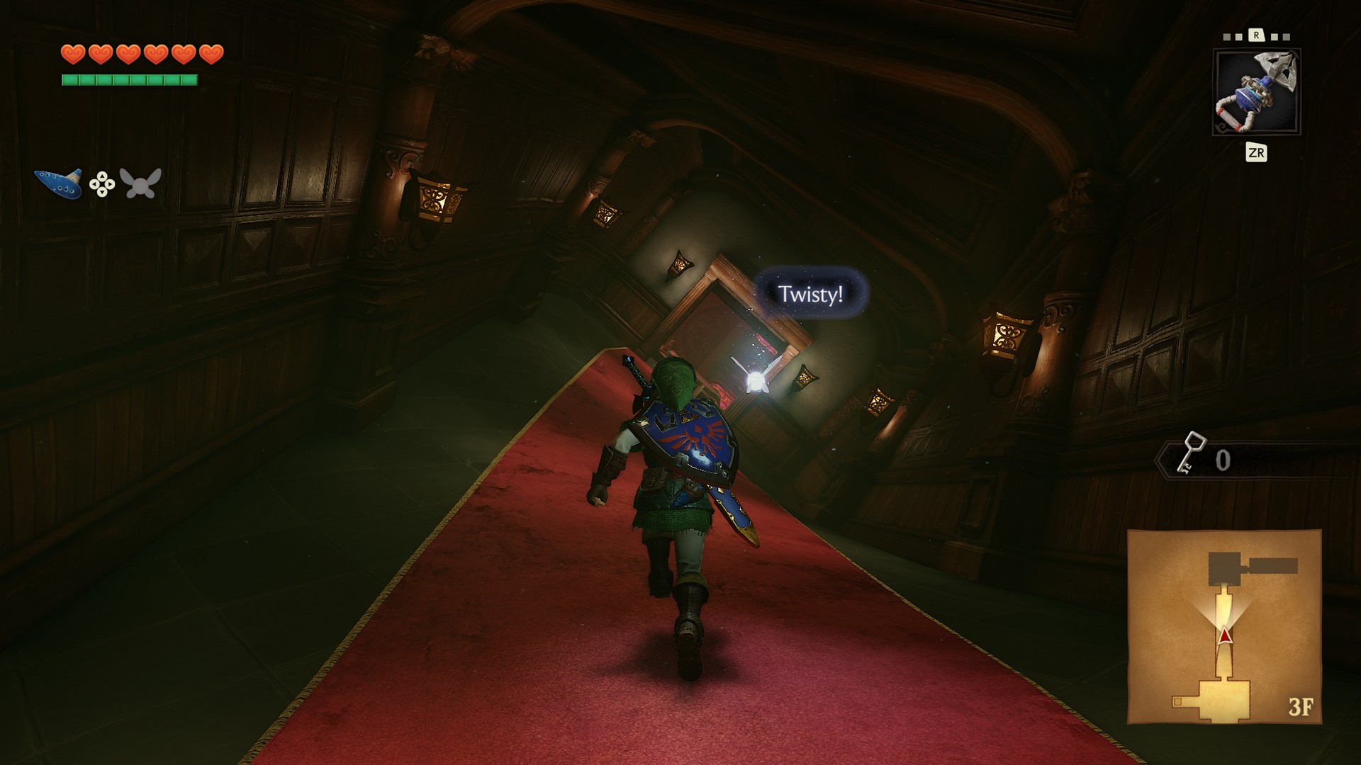 The floor appears to twist in front of Link as he runs through a hallway in The Legend of Zelda: Ocarina of Time remake, within the Forest Temple
