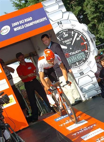 Fabian Cancellara (Switzerland) rolls off the start ramp.