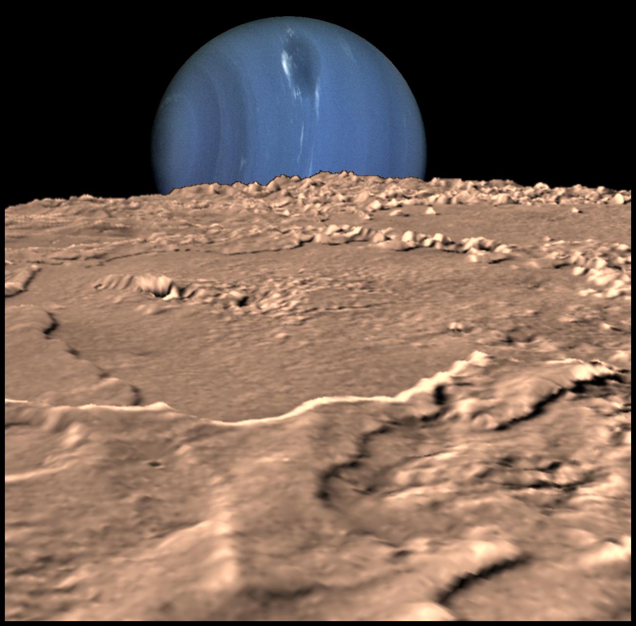 A computer-generated view of Neptune seen from the surface of Triton, using Voyager 2 images.