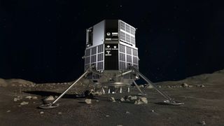 Graphic illustration of the Hakuto-R lander on the surface of the moon, surrounded by rocky boulders and a starry sky behind. 