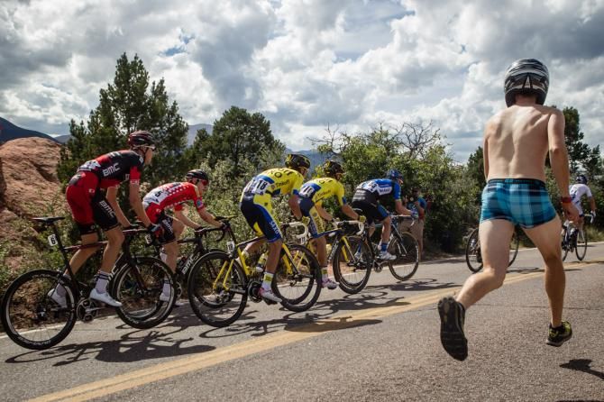 Bartosz Huzarski (NetApp) leads the peloton on stage 4 of the USA Pro Challenge in Colorado Springs