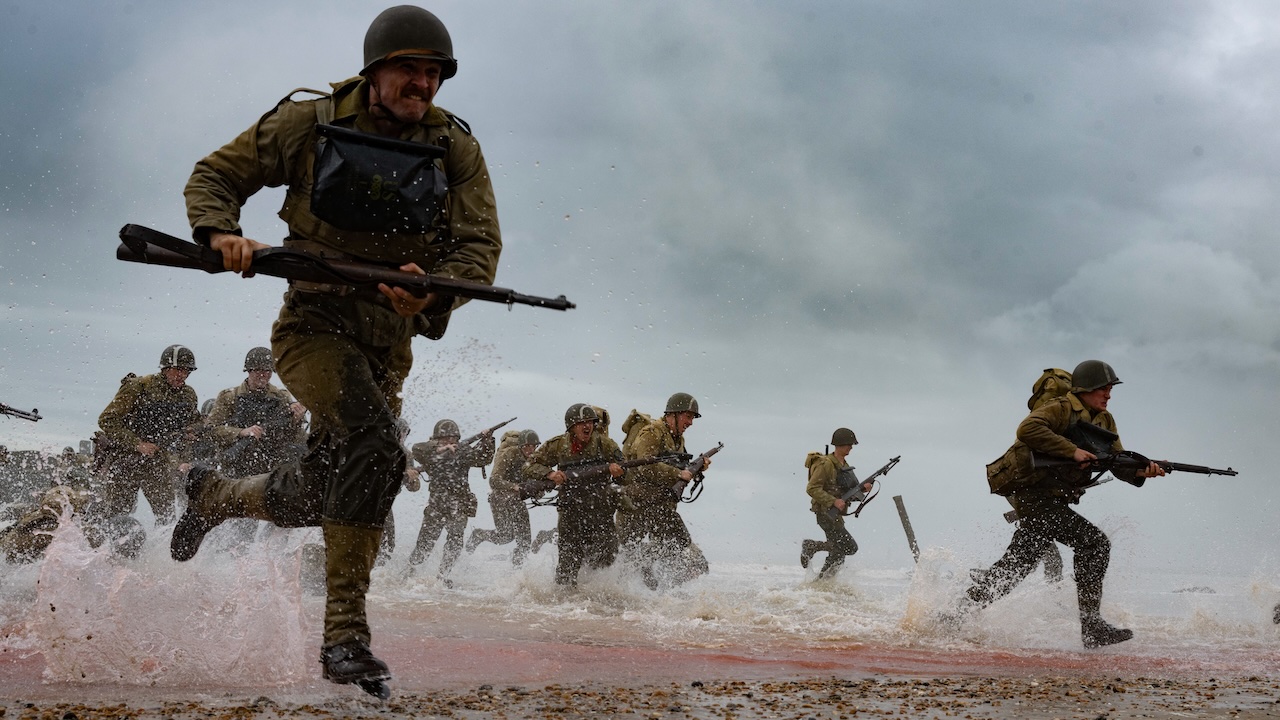 World War II soldiers running on the beach in Pressure