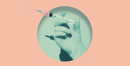 Can the COVID vaccine delay your period? Doctor's hand holding syringe of Coronavirus vaccine placed inside round hole in pink paper. Digital composite
