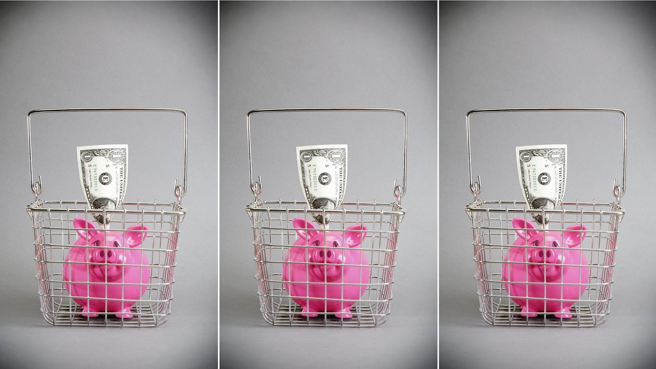 Three piggy banks in three baskets.