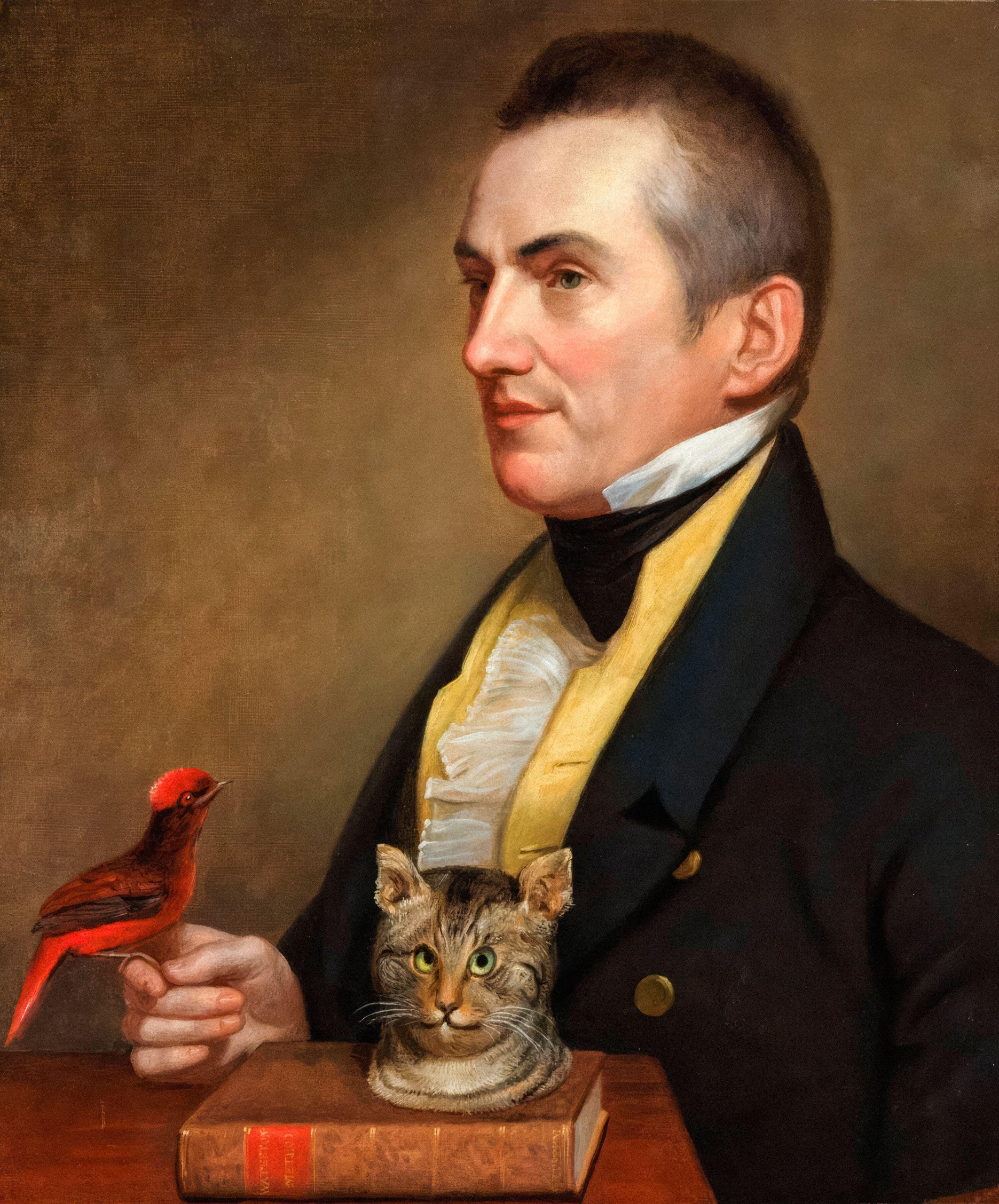 Portrait of Charles Waterton with a parrot and cat head