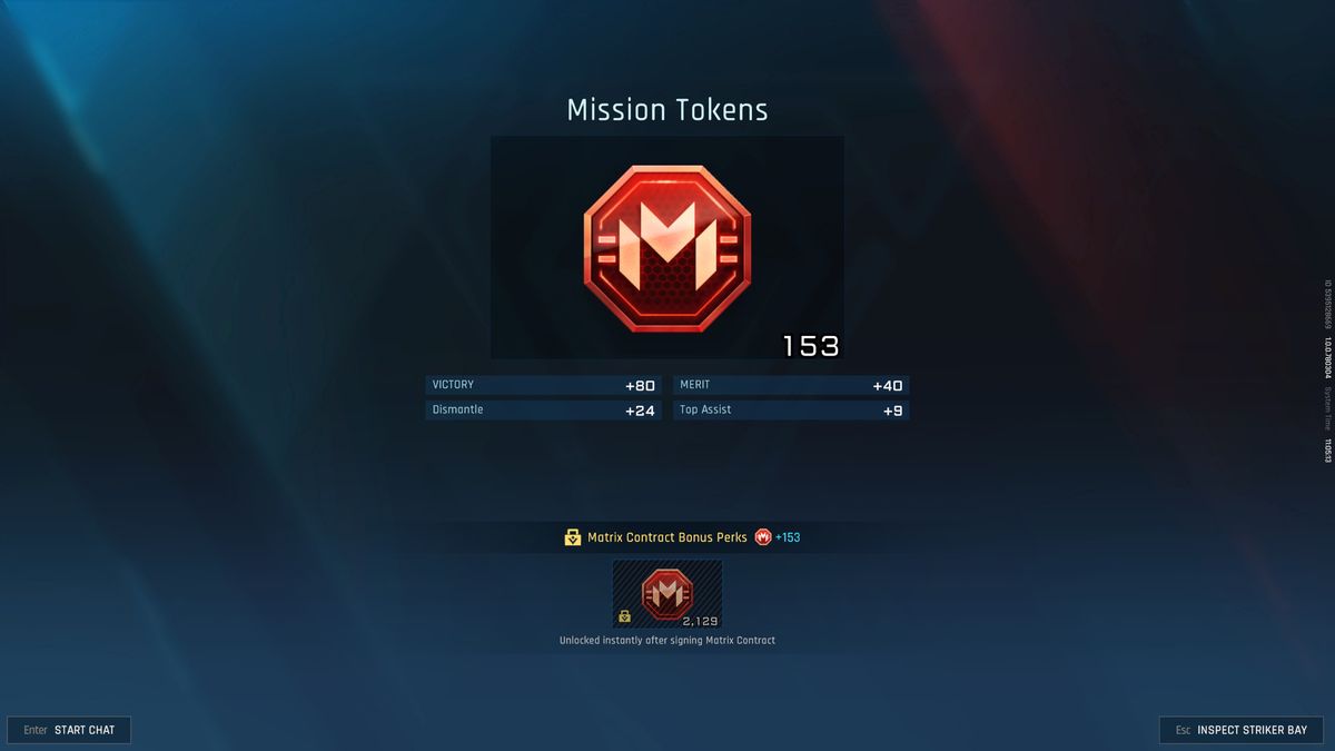 Mecha Break Mission Tokens: The end-of-match overview screen showing how Mission Token rewards are calculated.