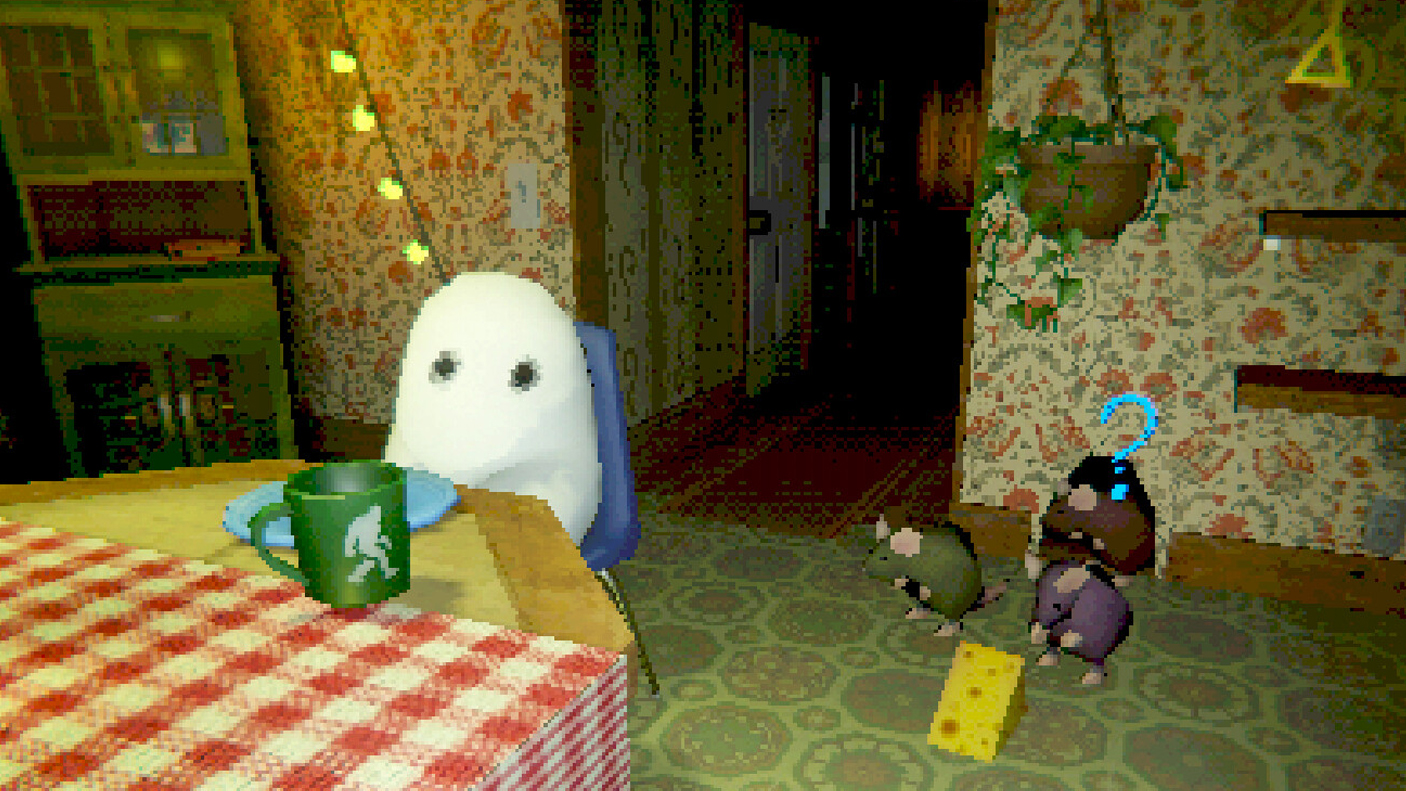 A possible ghost sitting at a kitchen table with mice looking at cheese nearby