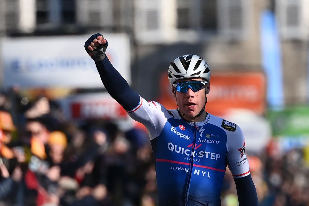 QuickStep Alpha Vinyl Teams Dutch rider Fabio Jakobsen celebrates as he crosses the finish line to win the 2nd stage of the 80th Paris Nice cycling race 1595 km between Auffargis and Orleans on March 7 2022 Photo by FRANCK FIFE AFP Photo by FRANCK FIFEAFP via Getty Images