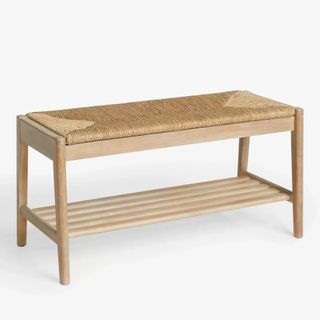 wooden bench with woven seat and shelf for shoes