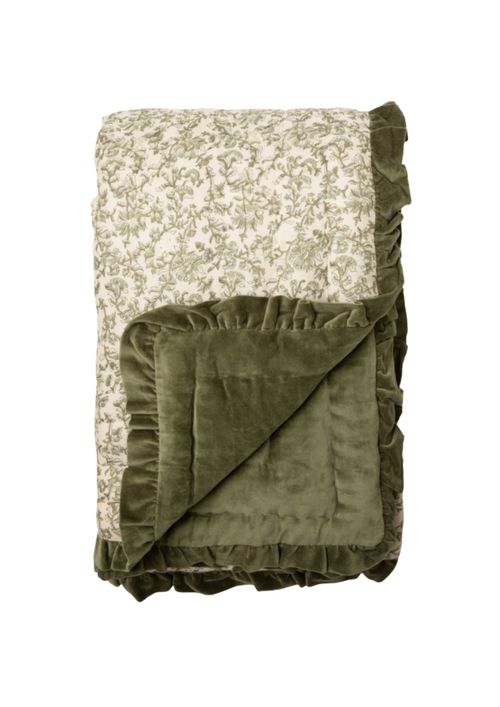 Agatha Velvet Ruffle Hand Print Bedspread in Olive