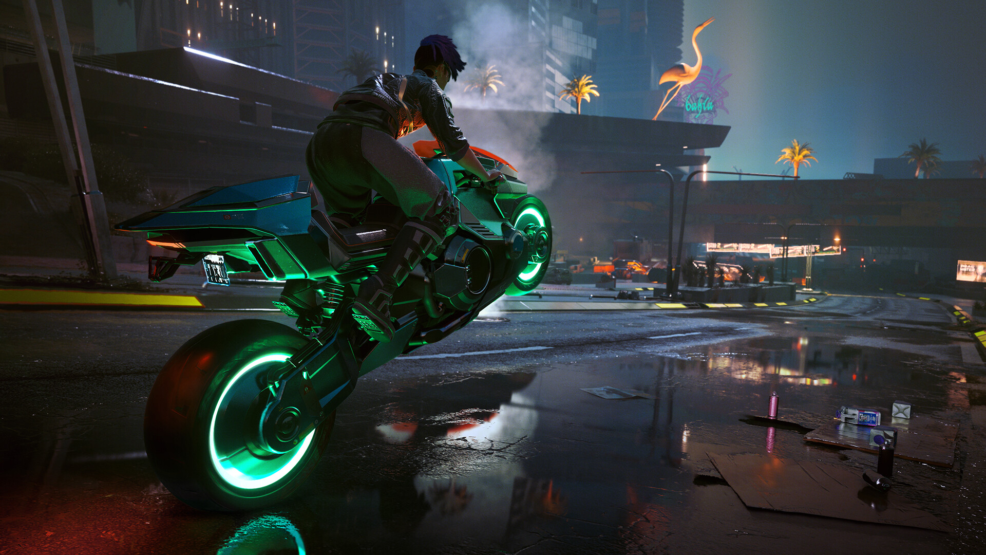 In Cyberpunk 2077, V rides a motorcycle through the neon-tinted streets of Night City