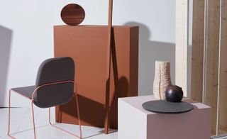 Chair with brown and dusty pink wood blocks