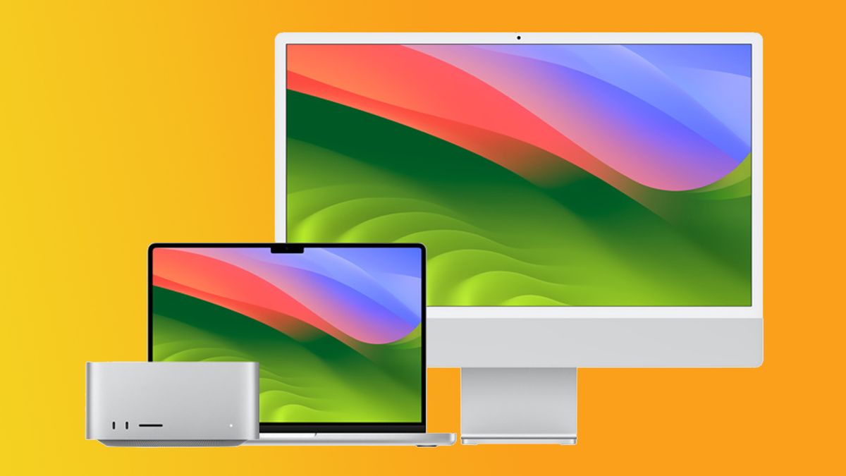 Apple Mac products on a yellow background