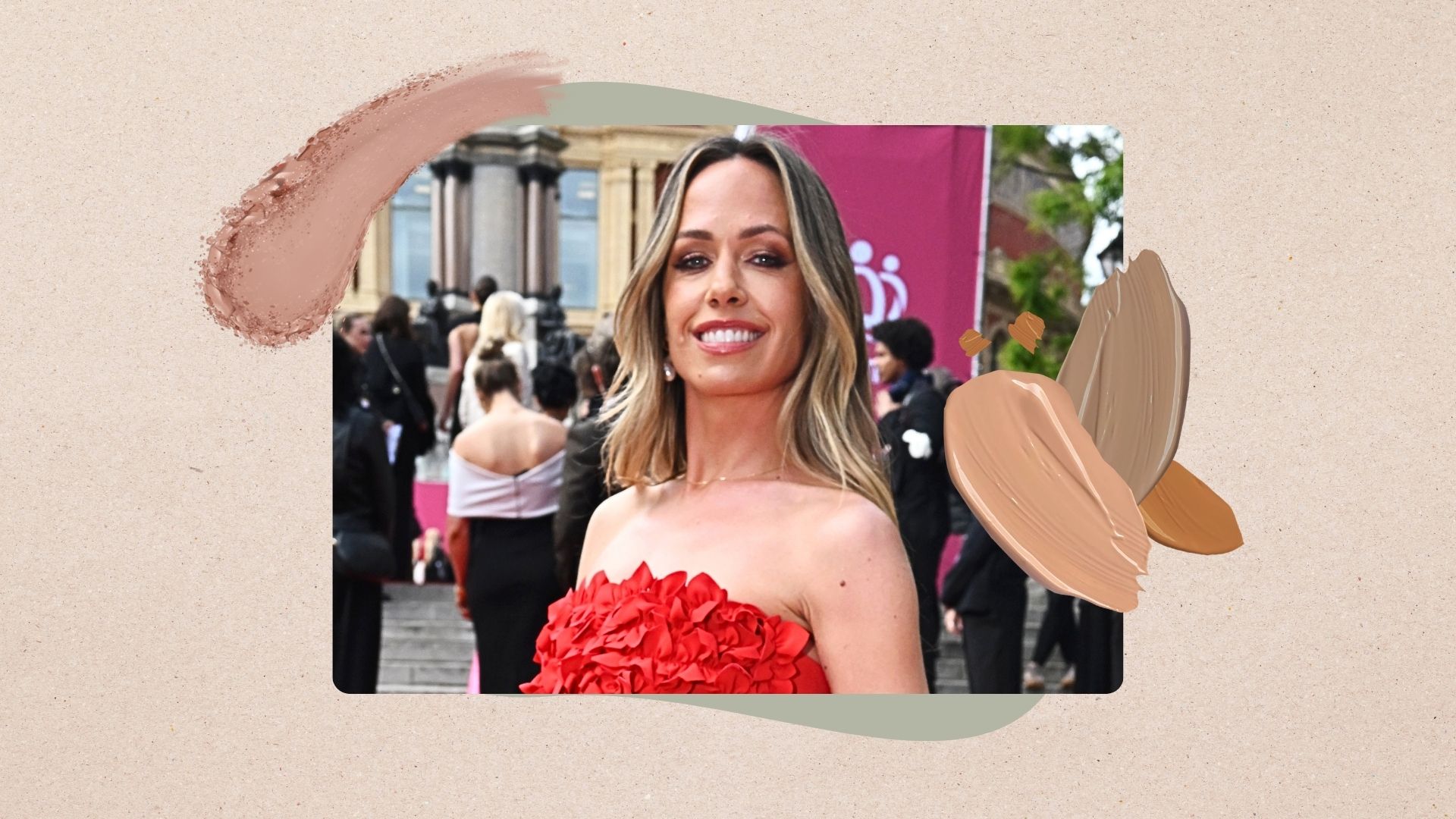 Makeup artist Hannah Martin pictured at an event wearing a red dress beside smudges of foundation in various shades