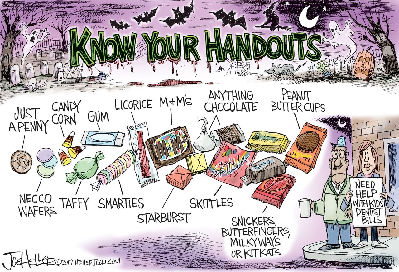 Editorial cartoon Halloween trick-or-treat candy