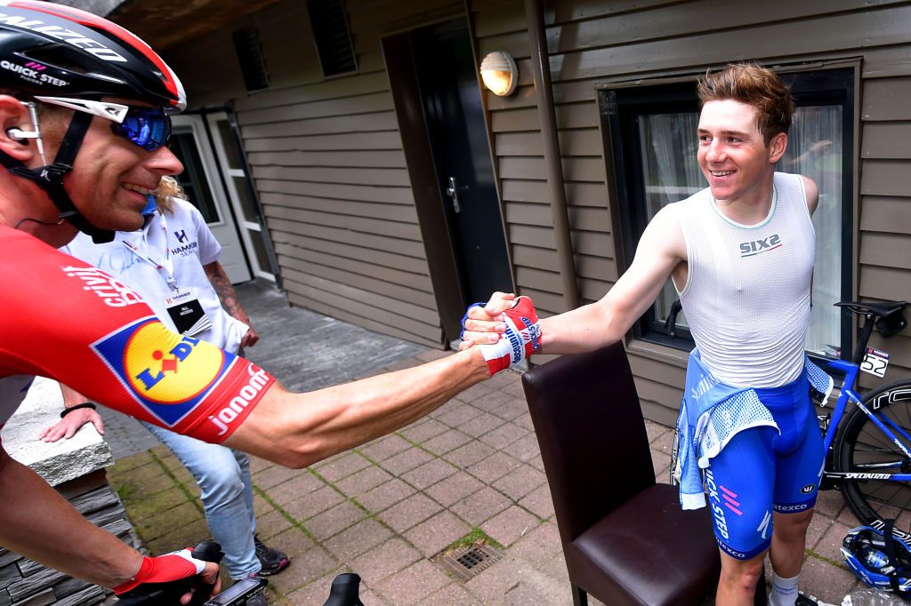 Michael Morkov congratulates Remco Evenepoel after Hammer Climb Limburg