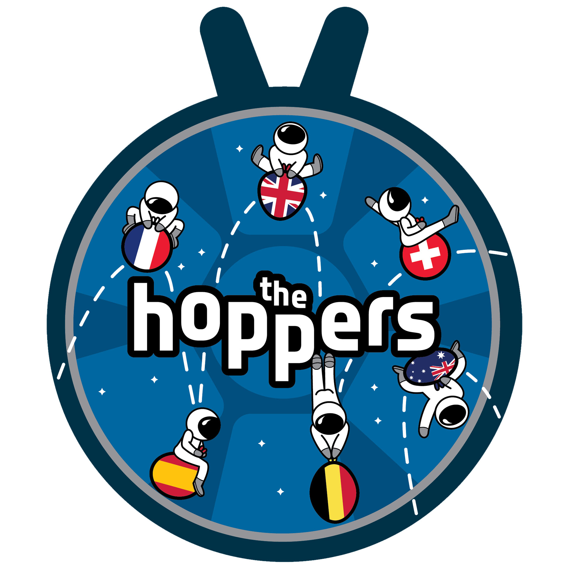 mission patch for the european space agency's 2022 astronaut class "the hoppers," showing six spacesuited cartoon astronauts with their nation's respective flag.