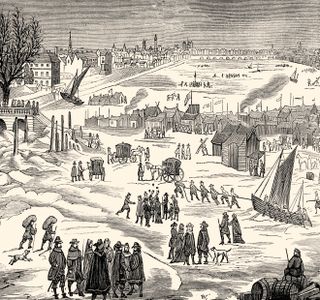 The Thames Frost Fair of 1683 in London.