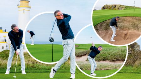 Steve North hitting a driver, an iron, a wedge, a bunker shot and a putt, with the scenery from the 10th hole at Trump Turnberry as the backdrop