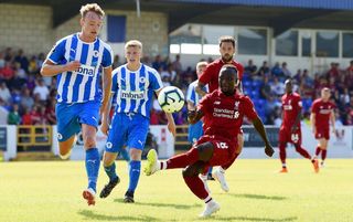 Naby Keita of Liverpool has his first shot at goal during the Pre-season friendly between Chester FC and Liverpool on July 7, 2018 in Chester, United Kingdom. (Photo by Andrew Powell/Liverpool FC via Getty Images)