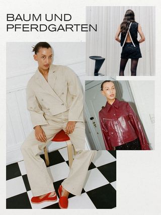 One of the best scandinavian clothing brands, Baum und Pferdgarten, is shown in a collage of images with models wearing winter clothing from the brand