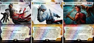 Ezio, Altair, and Kassandra from Assassin's Creed on Magic: The Gathering cards.