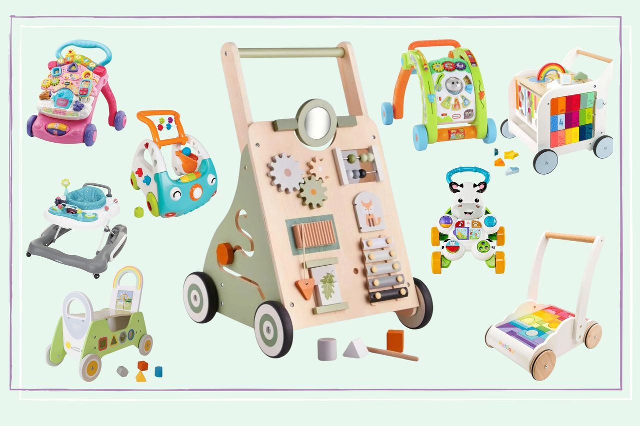 A collage of nine of the items featured in our guide to the best baby walkers for 2024