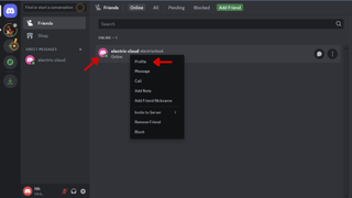 A screenshot of the Discord web app with red arrows pointing at a user's name and the additional options to interact with them. 