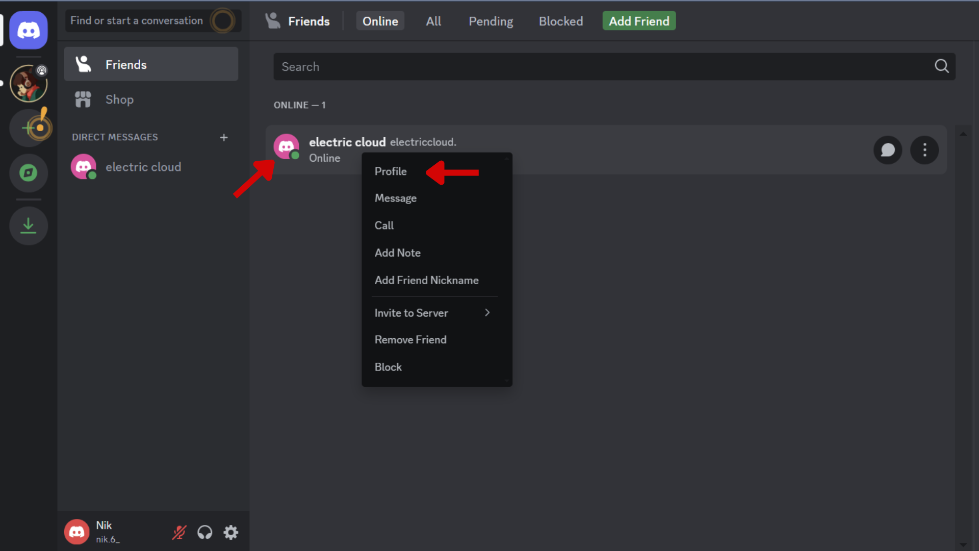 A screenshot of the Discord web app with red arrows pointing to a user's name and additional options for interacting with them. 