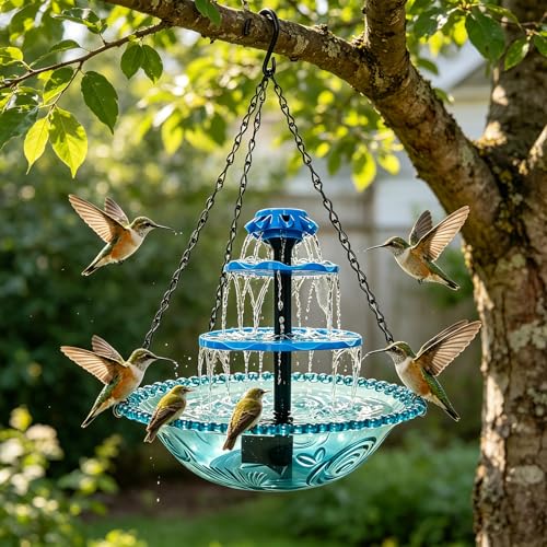 Solar Powered Hanging Bird Bath Fountain, 3-Tier Cascading Water Feeder for Hummingbirds Wild Birds