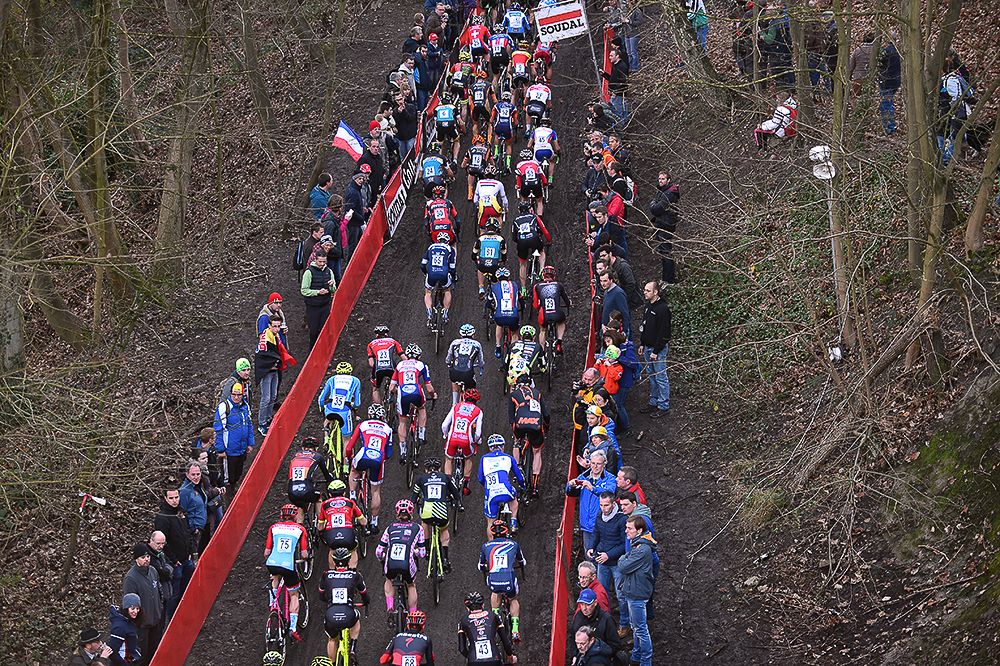 Riders take on the big climb in Namur.