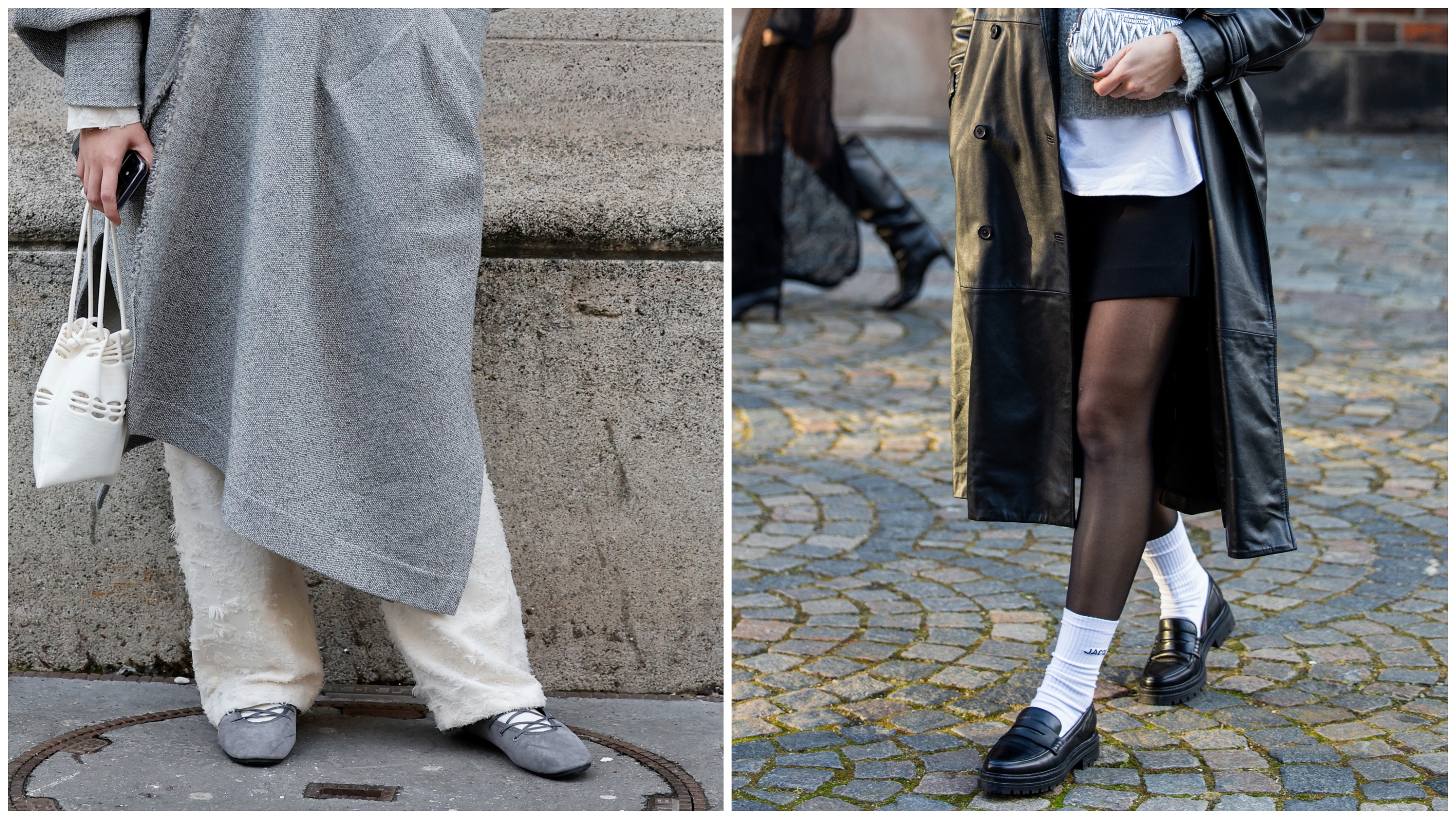 collage of women wearing ballet sneakers and loafers