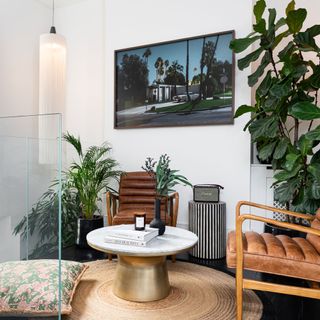 Living room with styled coffee table, leather chairs and houseplants