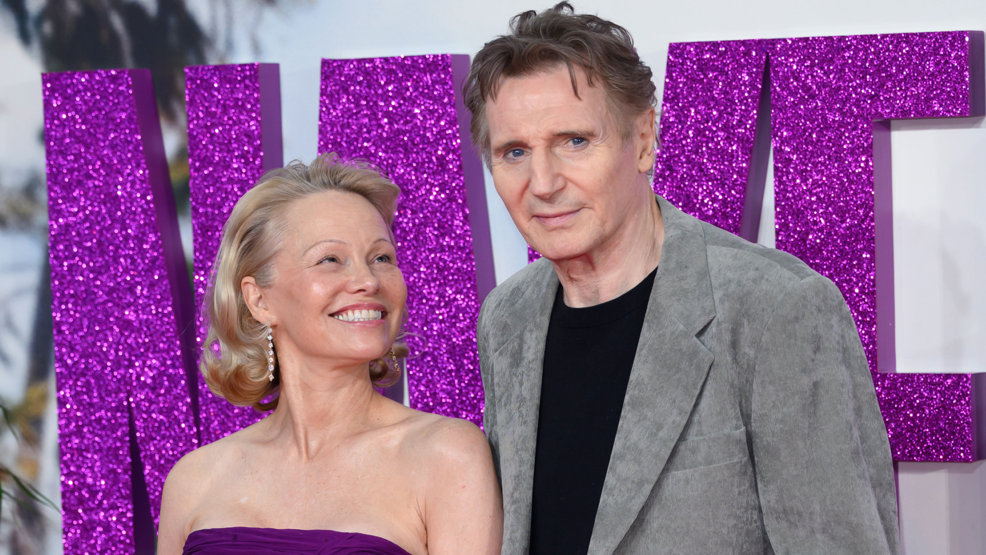 Pamela Anderson and Liam Neeson attend The Naked Gun UK Premiere at Cineworld Leicester Square on July 22, 2025