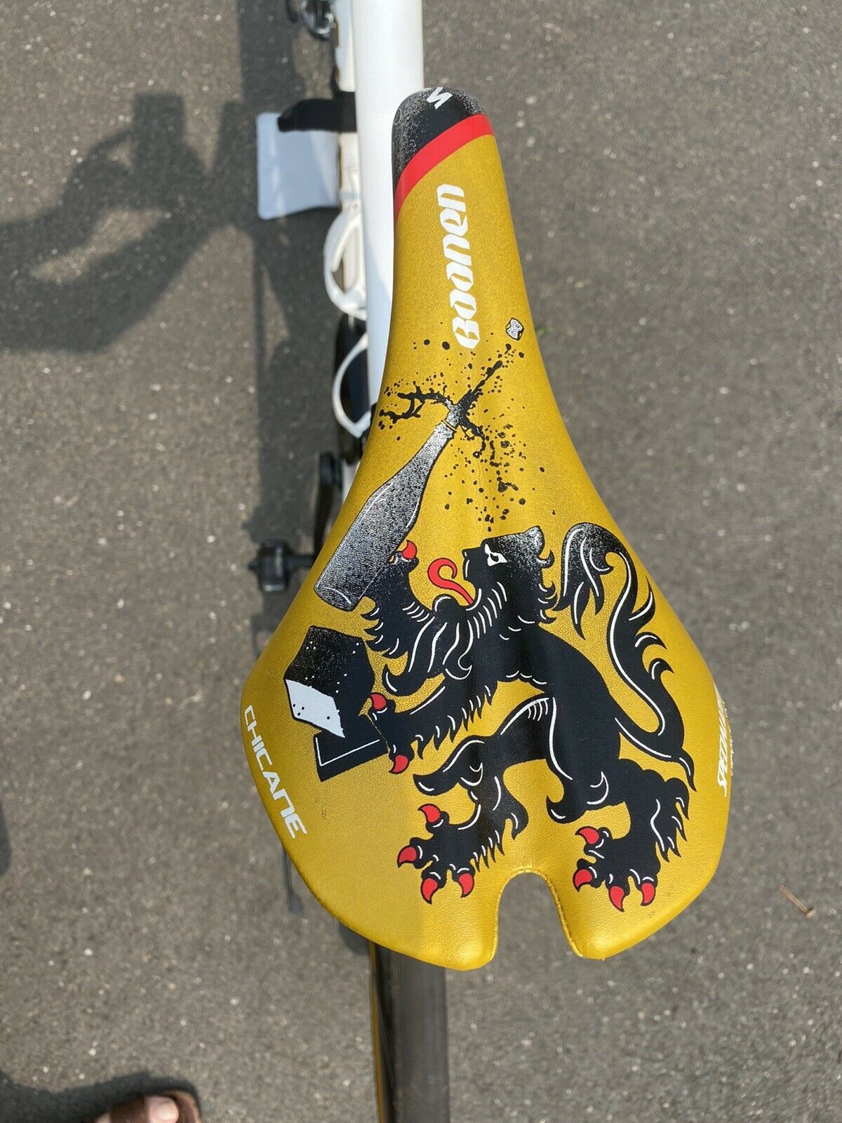 The limited-edition Specialized Chicane saddle features this special Lion of Flanders design