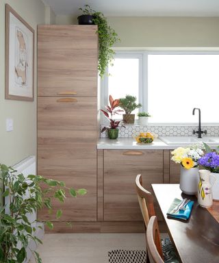 kitchen with walls painted soft sage green wood door slab units kitchen sink and window