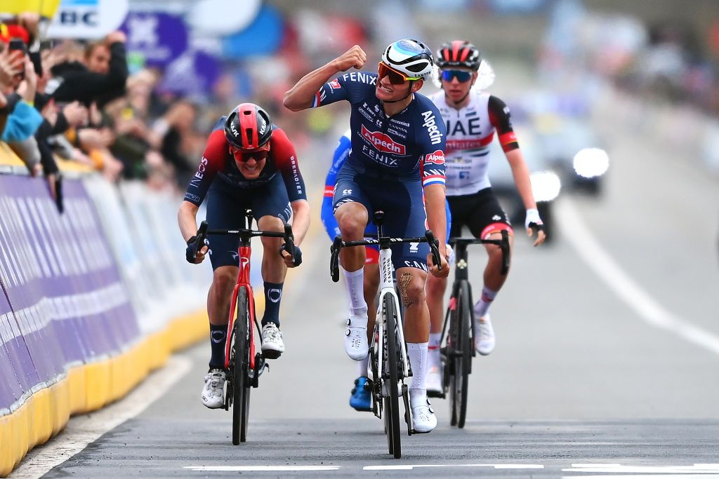 Mathieu van der Poel celebrates his second win at the Tour of Flanders