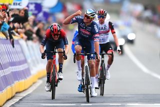 Mathieu van der Poel celebrates his second win at the Tour of Flanders