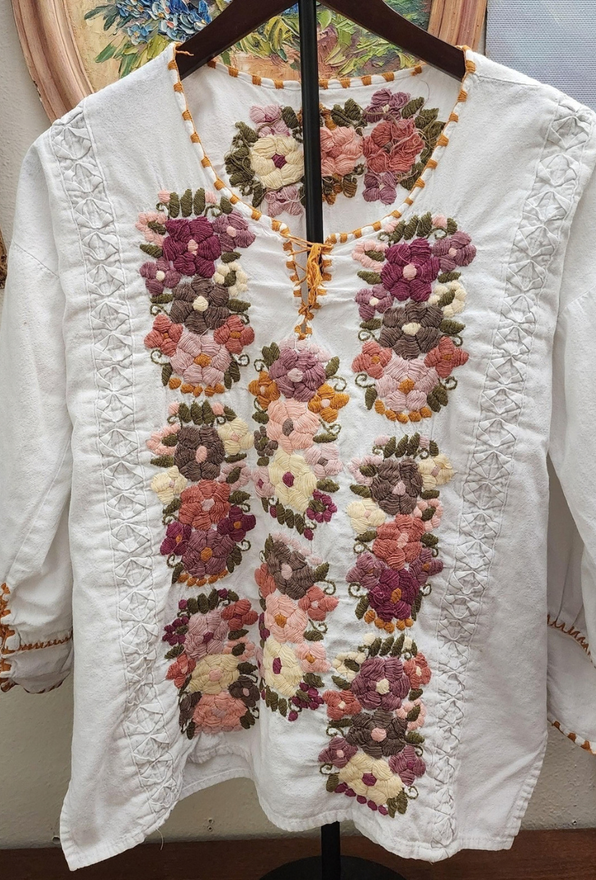 Vintage, Hand Embroidered Floral Tunic Top