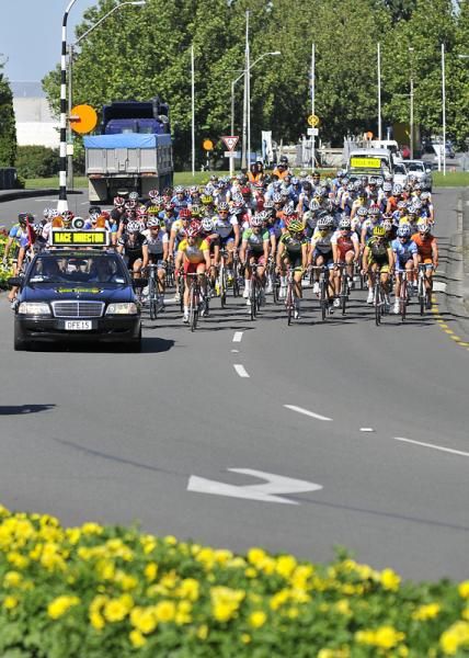 The peloton in the neutral zone as it heads out of Masterton