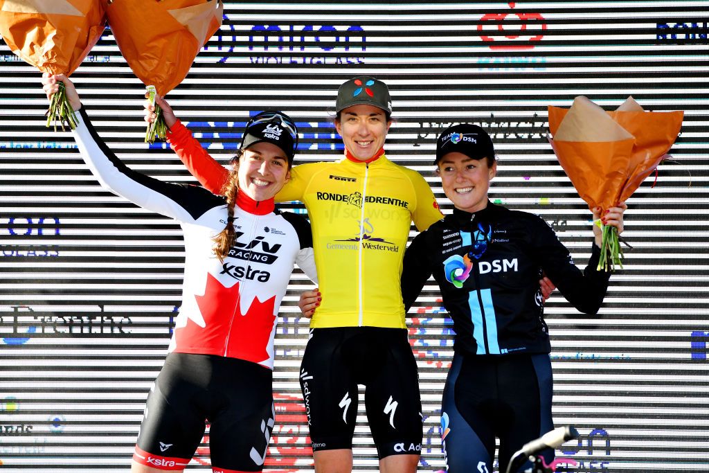 DWINGELOO NETHERLANDS MARCH 11 LR Alison Jackson of Canada and Team Liv Racing Xstra on second place race winner Christine Majerus of Luxembourg and Team SD Worx and Floortje Mackaij of Netherlands and Team DSM Women on third place pose on the podium ceremony after the 15th Drentse Acht Van Westerveld 2022 Womens Elite a 1342km race from Dwingeloo to Dwingeloo UCIWWT RondevDrenthe on March 11 2022 in Dwingeloo Netherlands Photo by Luc ClaessenGetty Images
