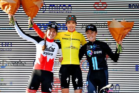 DWINGELOO NETHERLANDS MARCH 11 LR Alison Jackson of Canada and Team Liv Racing Xstra on second place race winner Christine Majerus of Luxembourg and Team SD Worx and Floortje Mackaij of Netherlands and Team DSM Women on third place pose on the podium ceremony after the 15th Drentse Acht Van Westerveld 2022 Womens Elite a 1342km race from Dwingeloo to Dwingeloo UCIWWT RondevDrenthe on March 11 2022 in Dwingeloo Netherlands Photo by Luc ClaessenGetty Images