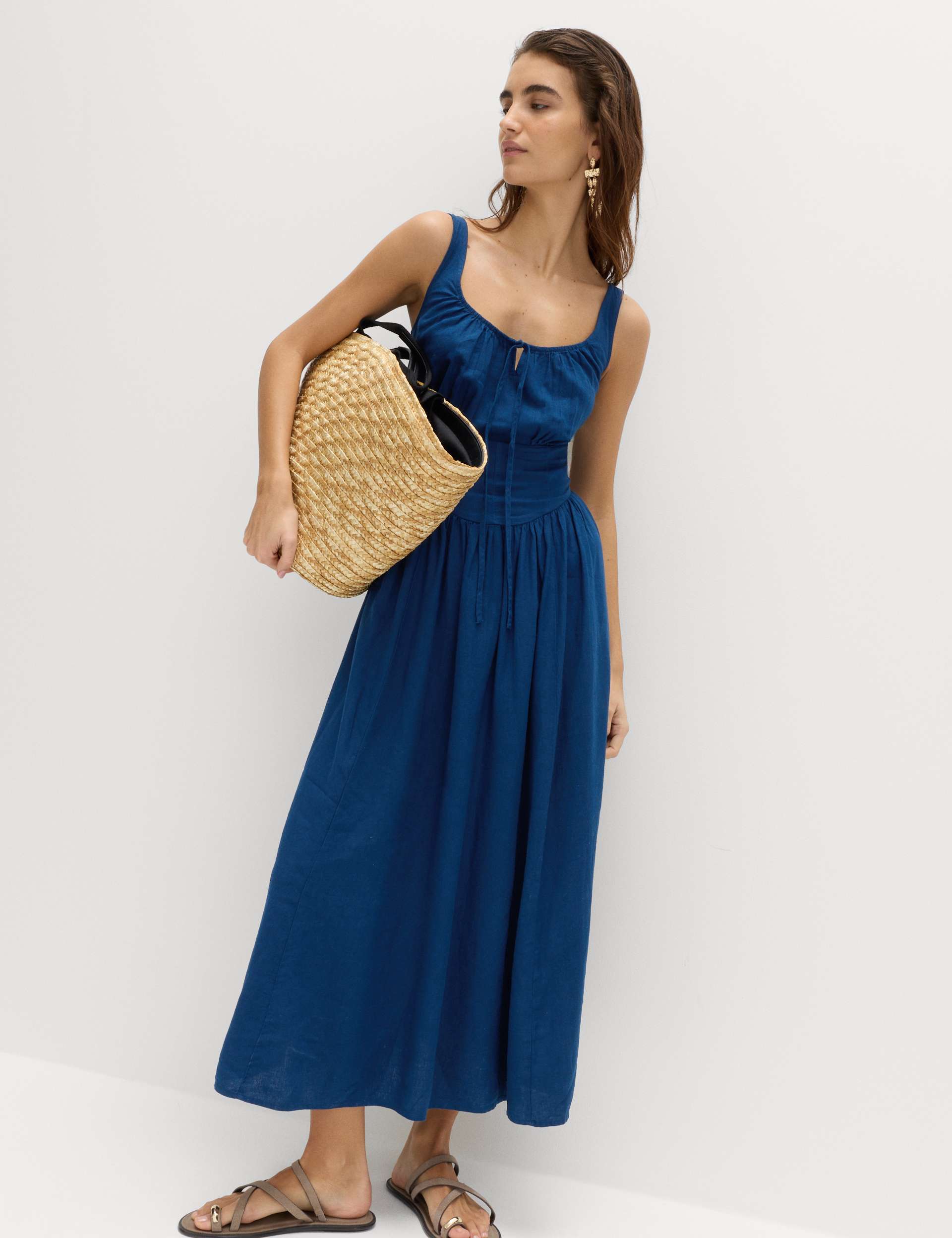 Linen Rich Round Neck Strappy Midi Swing Dress