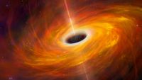 a black hole in the middle of a swirling orange cloud