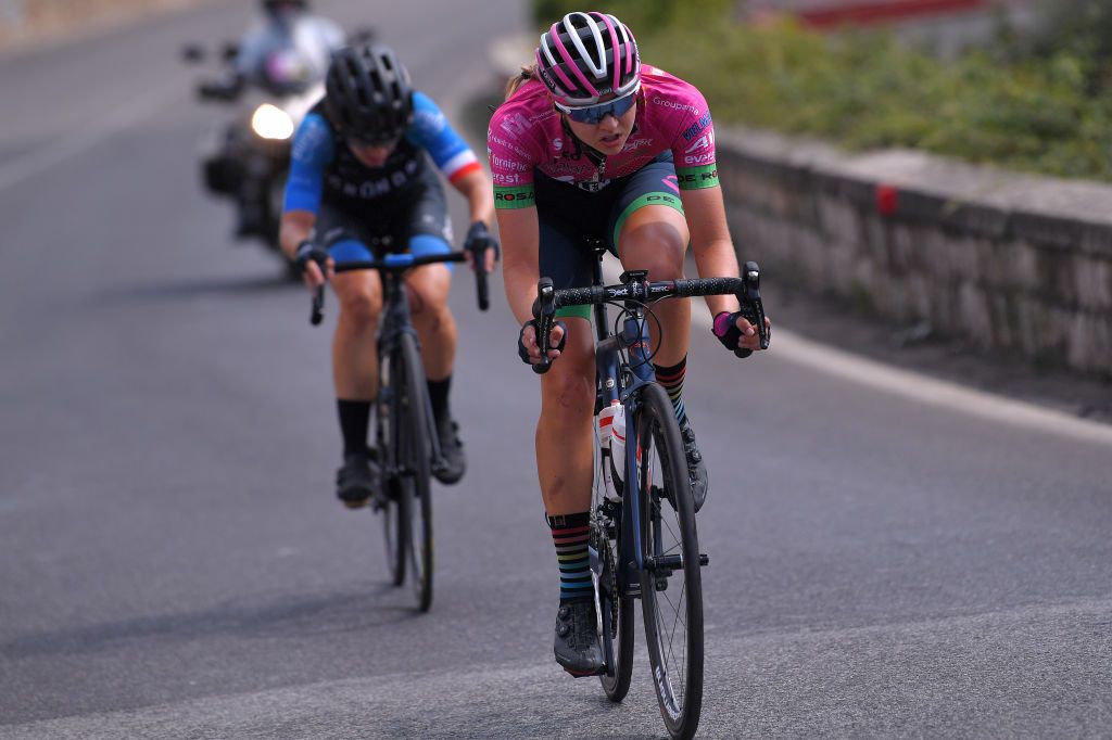 TERRACINA ITALY SEPTEMBER 15 Malgorzta Jasinska of Poland and Team Casa Dorada Women Cycling Marketa Hajkova of Czech Republic and Team Bepink Breakaway during the 31st Giro dItalia Internazionale Femminile 2020 Stage 5 a 1103km stage from Terracina to Terracina GiroRosaIccrea GiroRosa on September 15 2020 in Terracina Italy Photo by Luc ClaessenGetty Images