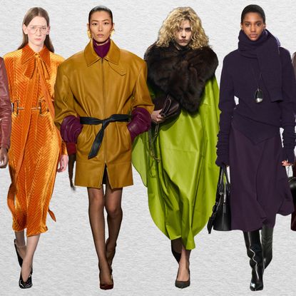 A collage of the fall 2025 red, purple, yellow, green, purple, and brown color trends on the runways